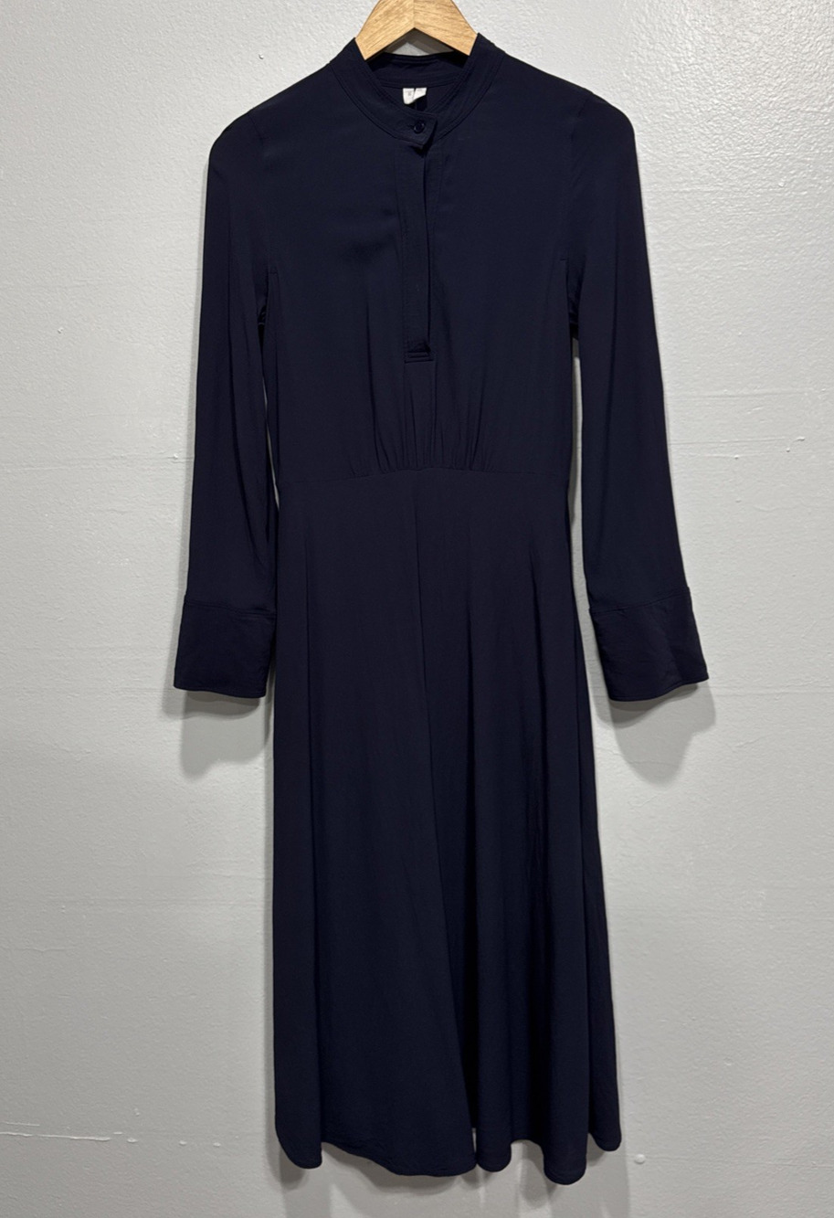 Arket Womens Modest Maxi Dress EU 34, US 4 Long Sleeves A-Line Band Collar Blue